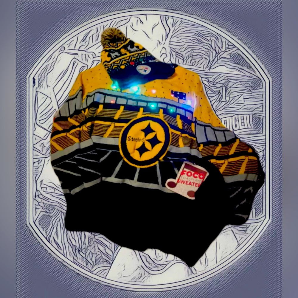 NWT NFL LIGHT UP 2X Steelers sweater & Beanie hat w/ Speaker inside the sweater